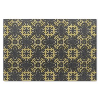 Glittery Black Faux Gold Metallic Damask Pattern Tissue Paper