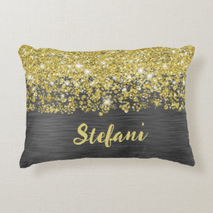 Glittery Black Gold Glam Script Name Accent Pillow