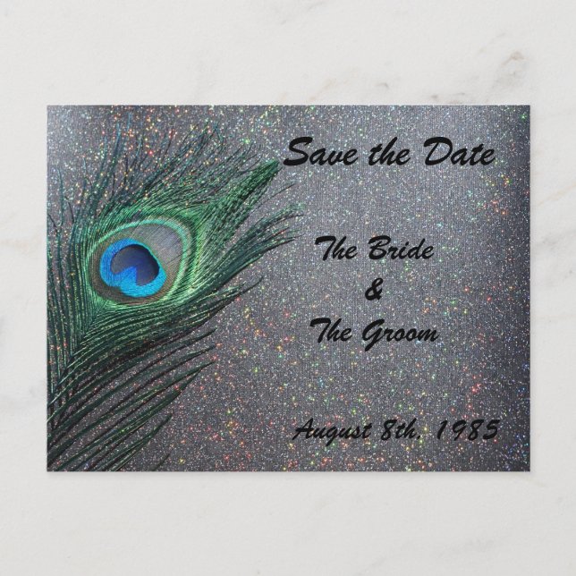 Glittery Black Peacock Save the Date Announcement Postcard (Front)