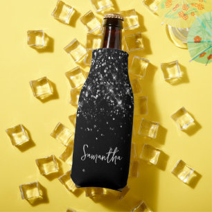Glittery Black Script Name Bottle Cooler