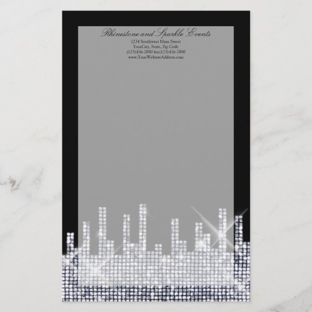 Glittery Black/Silver Glamour Personalized Stationery (Front)