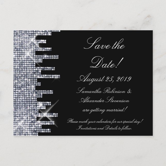 Glittery Black/Silver Glamour Save the Date Announcement Postcard (Front)