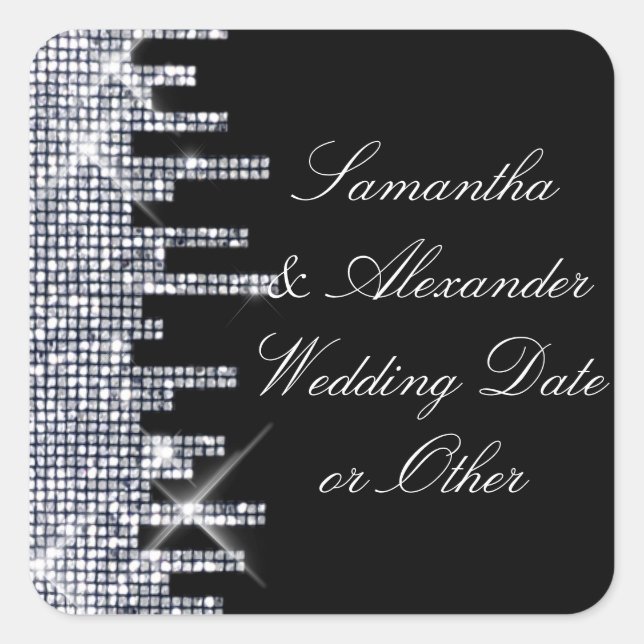 Glittery Black/Silver Glamour Wedding Custom Square Sticker (Front)