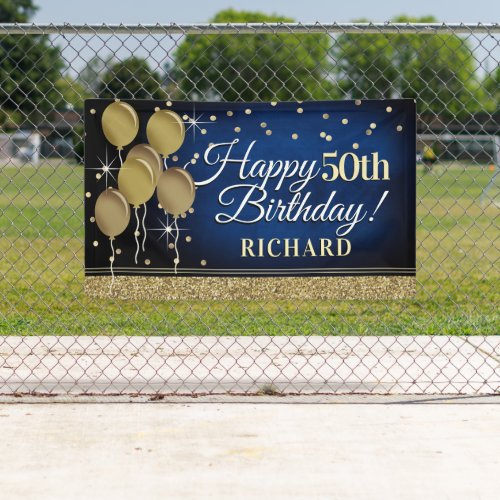 Glittery Blue and Gold Happy Birthday Banner
