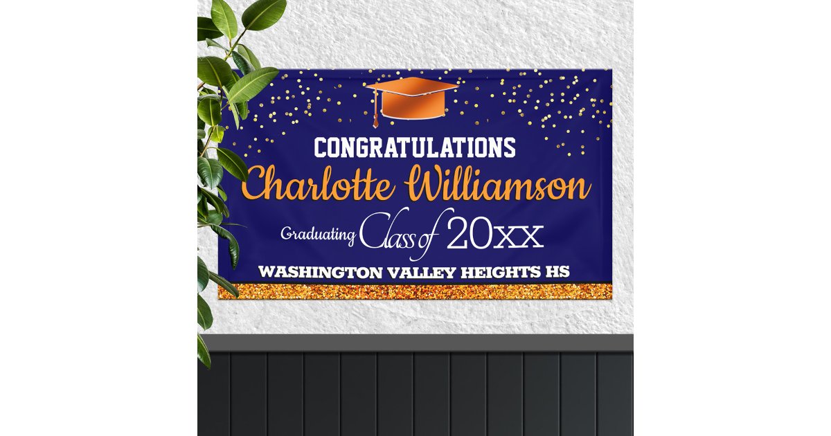 Glittery Blue and Orange Graduation Banner | Zazzle