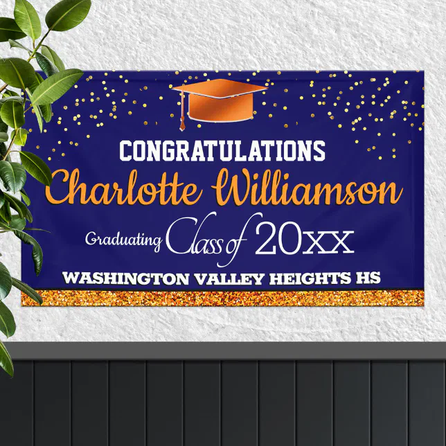Glittery Blue and Orange Graduation Banner | Zazzle