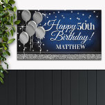 Glittery Blue and Silver Happy Birthday Banner<br><div class="desc">Fun banner sign for indoors or out,  featuring some glam metallic balloons and glittery confetti on a rich textured royal blue background for your personalized birthday banner.</div>