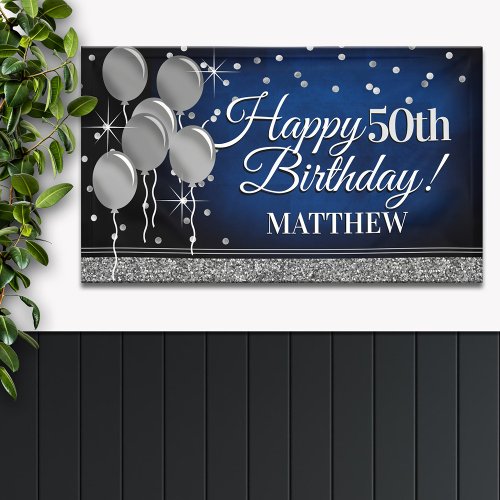 Glittery Blue and Silver Happy Birthday Banner