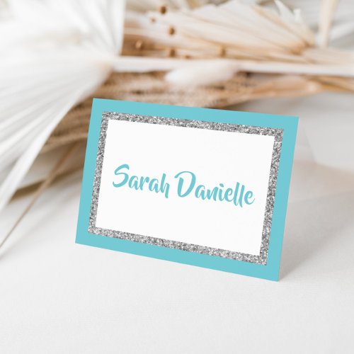Glittery Blue and Silver Personalized Note Card