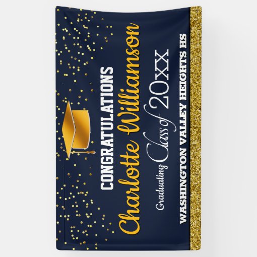 Glittery Blue and Yellow Graduation Banner | Zazzle