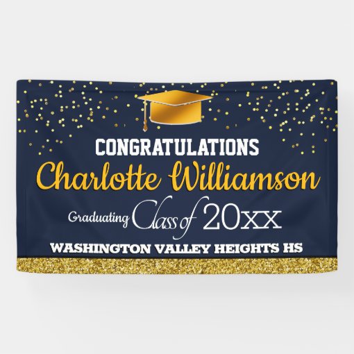 Glittery Blue and Yellow Graduation Banner | Zazzle