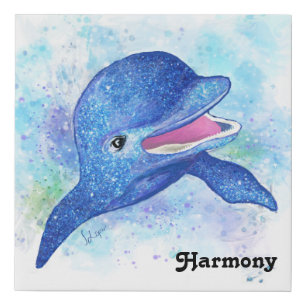 Glittery Blue Dolphin with an Inspiring Word Faux Canvas Print