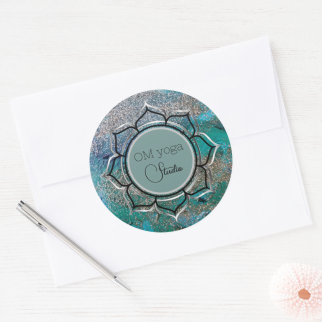 Glittery Blue Elegant OM Lotus Business Logo  Classic Round Sticker (Envelope)