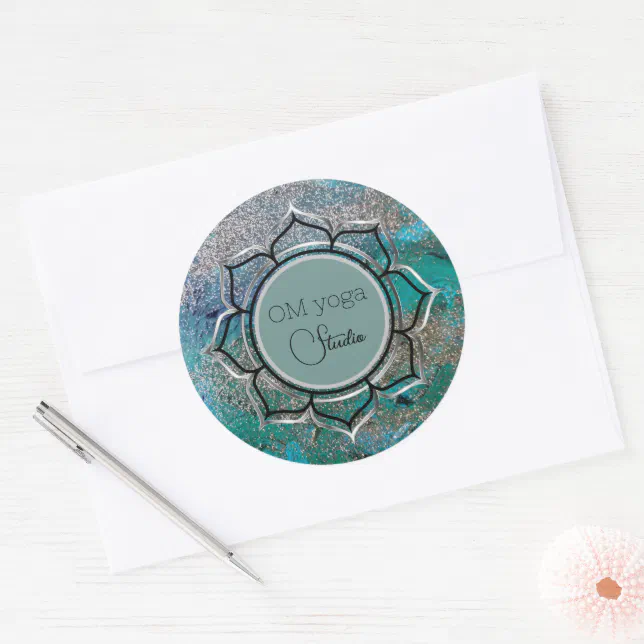 Glittery Blue Elegant OM Lotus Business Logo Classic Round Sticker | Zazzle