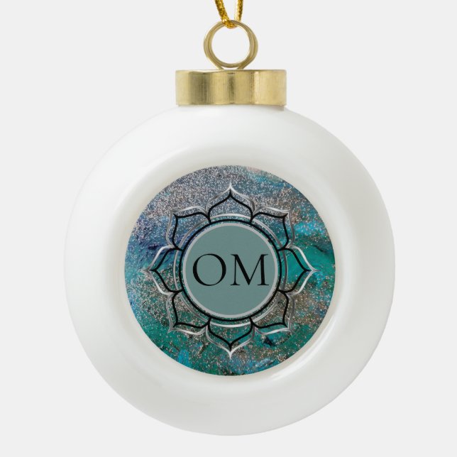Glittery Blue Elegant OM Lotus    Ceramic Ball Christmas Ornament (Front)