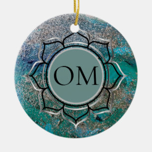 Glittery Blue Elegant OM Lotus Ceramic Ornament
