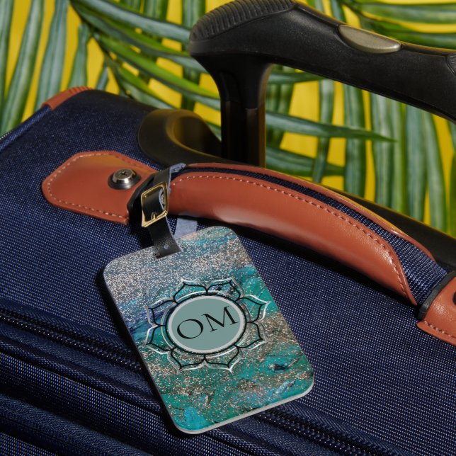 Glittery Blue Elegant OM Lotus  Luggage Tag (Front Insitu 1)