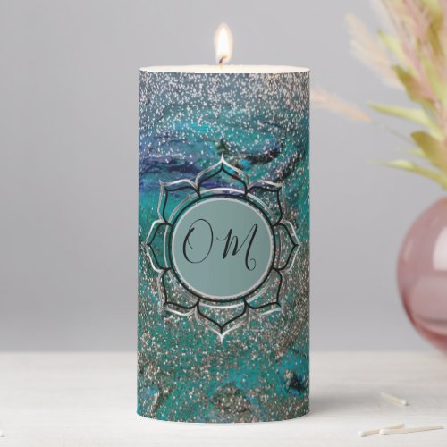 Glittery Blue Elegant OM Lotus    Pillar Candle