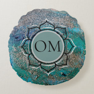 Glittery Blue Elegant OM Lotus  Round Pillow