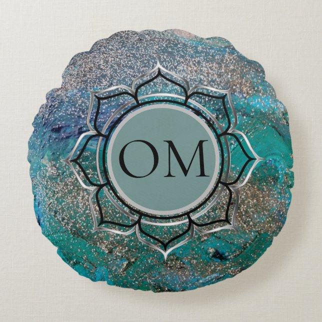 Glittery Blue Elegant OM Lotus  Round Pillow (Front)