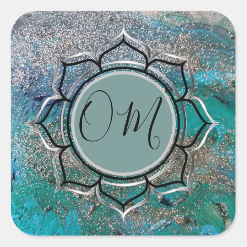 Glittery Blue Elegant OM Lotus   Square Sticker