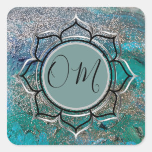 Glittery Blue Elegant OM Lotus   Square Sticker