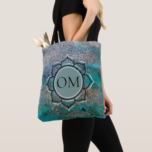 Glittery Blue Elegant OM Lotus Tote Bag