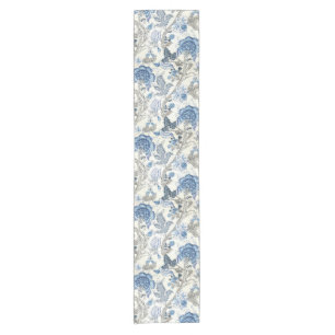 Glittery Blue Floral on Winter White Short Table Runner
