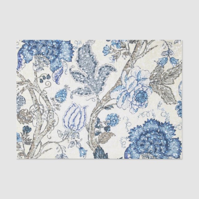Glittery Blue Floral on Winter White Tissue Paper (Front)