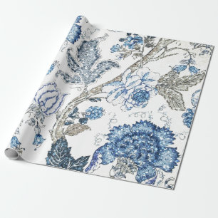 Glittery Blue Floral on Winter White Wrapping Paper