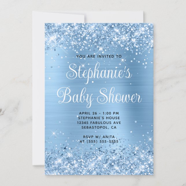 Glittery Blue Foil Online Registry Baby Shower Invitation (Front)