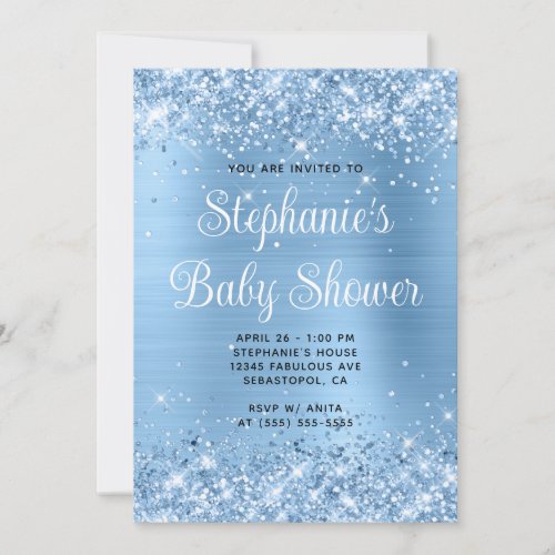 Glittery Blue Foil Online Registry Baby Shower Invitation