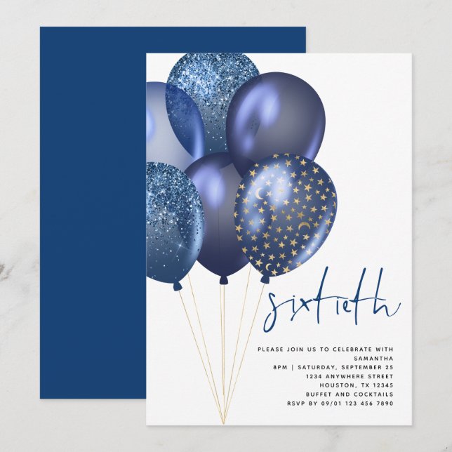 Glittery Blue Gold Balloons 60th Birthday Party Invitation (Front/Back)