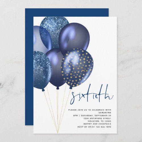 Glittery Blue Gold Balloons 60th Birthday Party Invitation