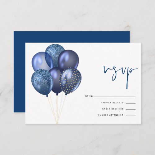 Glittery Blue Gold Balloons 60th Birthday Party RSVP Card