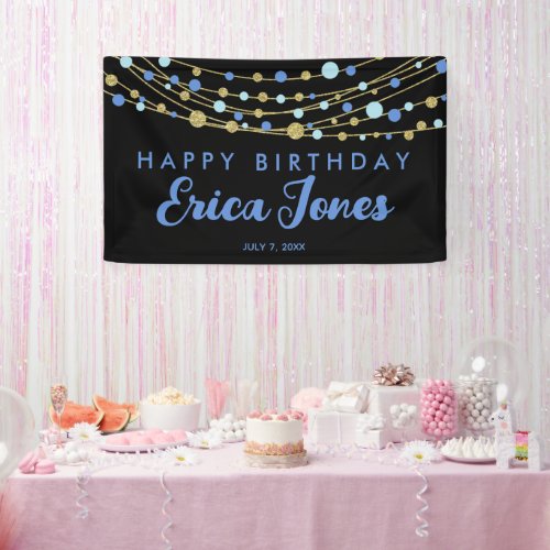 Glittery blue gold black elegant modern birthday banner