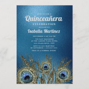 Glittery Blue Gold Peacock Feathers Quinceañera Invitation