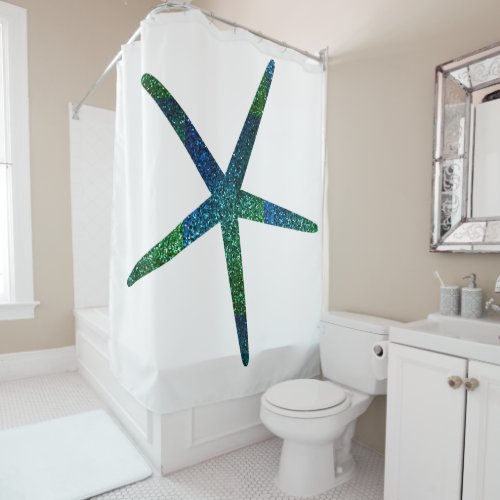 Glittery Blue Green Starfish Pattern Beach Decor Shower Curtain