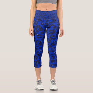 Glittery Blue Modern Leopard Pattern Capri Leggings