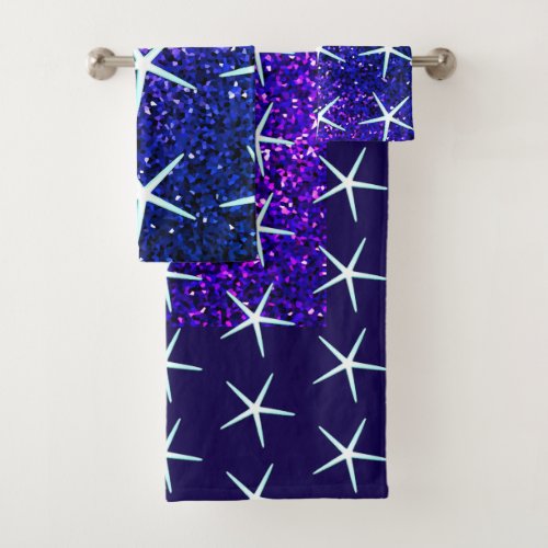 Glittery Blue Ombre Sparkle Starfish Patterns Cute Bath Towel Set
