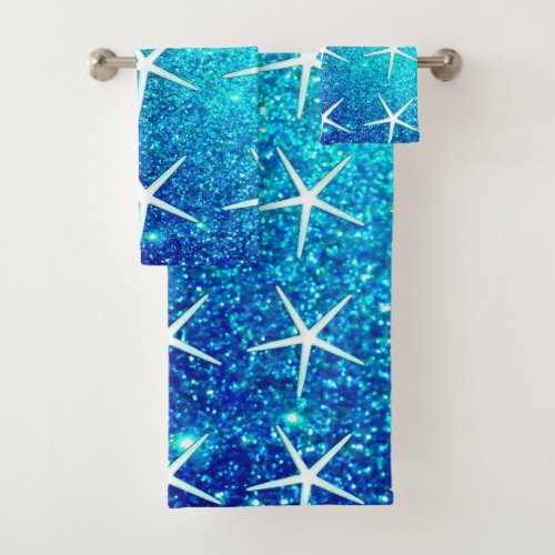 Glittery Blue Ombre Teal Sparkle Starfish Patterns Bath Towel Set