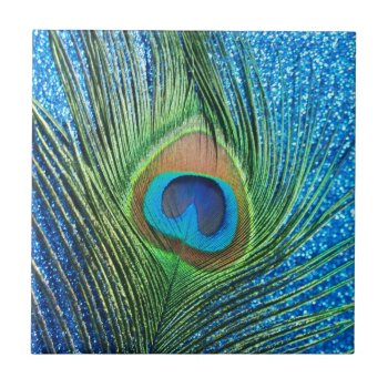 Glittery Blue Peacock Feather Still Life Ceramic Tile by Peacocks at Zazzle