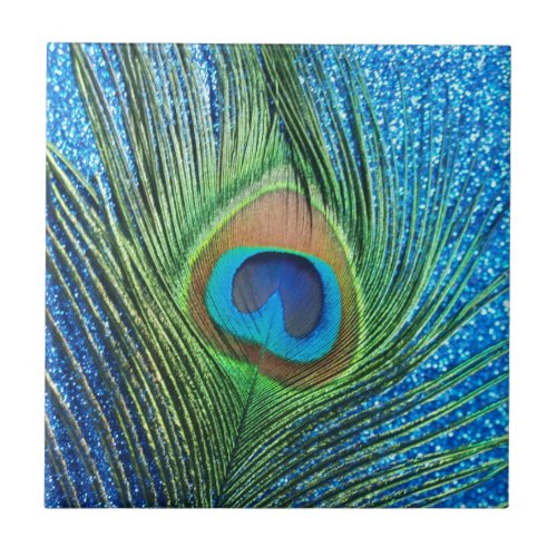 Glittery Blue Peacock Feather Still Life Ceramic Tile