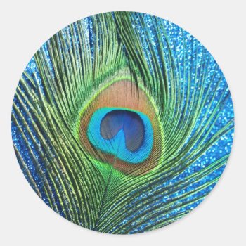Glittery Blue Peacock Feather Still Life Classic Round Sticker by Peacocks at Zazzle