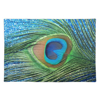 Glittery Blue Peacock Feather Still Life Cloth Placemat