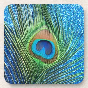 Glittery Blue Peacock Feather Still Life Coaster by Peacocks at Zazzle