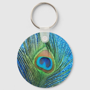 Glittery Blue Peacock Feather Still Life Keychain