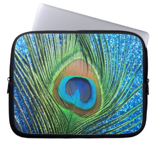 Glittery Blue Peacock Feather Still Life Laptop Sleeve