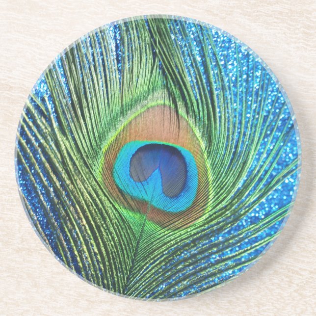 Glittery Blue Peacock Feather Still Life Sandstone Coaster (Front)
