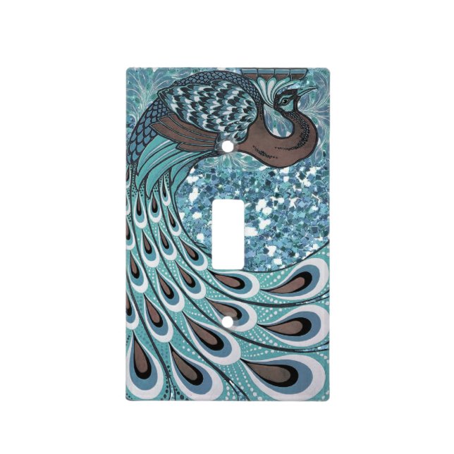 Glittery Blue Peacock Feathers Art Deco Light Switch Cover (Front)